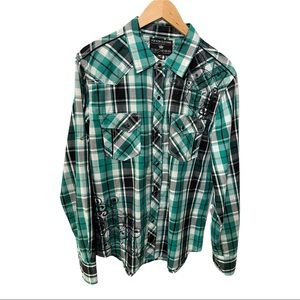 POP ICON CLOTHING BUCKLE PLAID BUTTONED EMBROIDERED LS MEN'S SHIRT